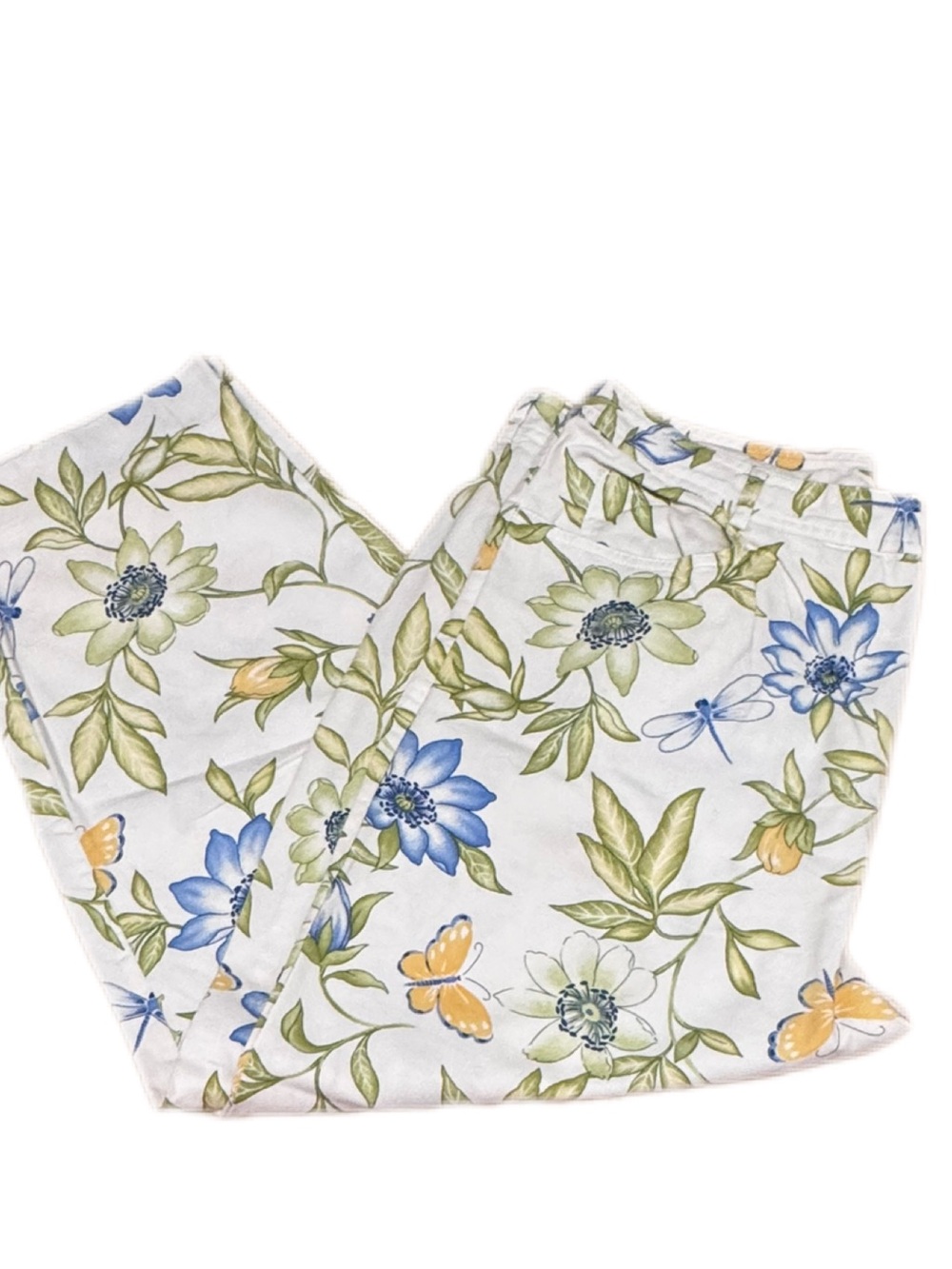 Talbots White Floral Cropped Pants with Blue, Green & Yellow Accent